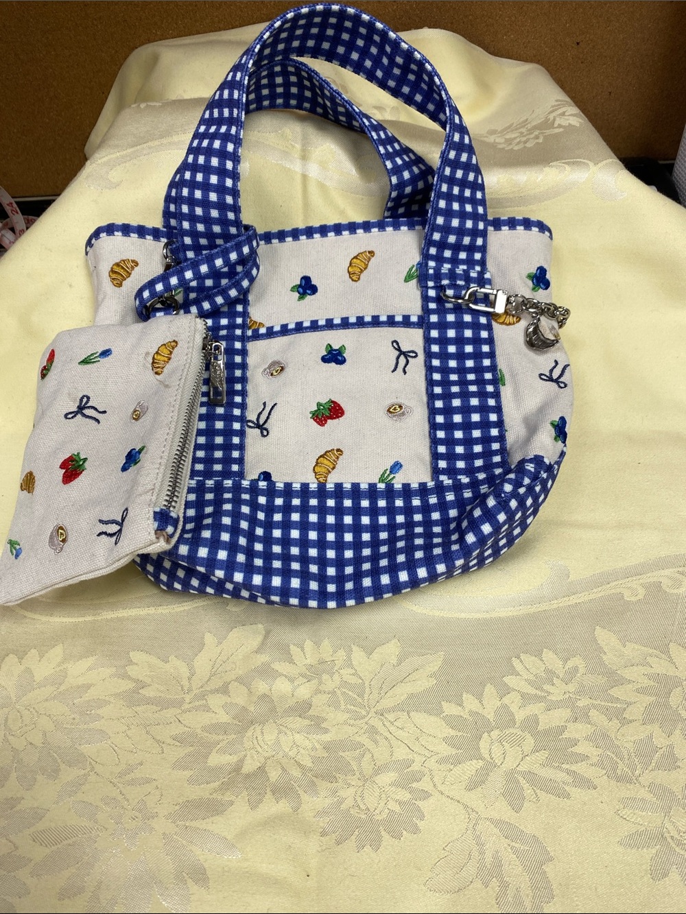Madden Girl Blue Gingham Embroidered Canvas Tote with Fruit Motif